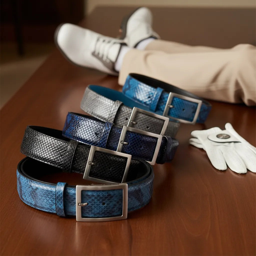 Python golf belt comparison featuring five premium exotic leather golf belts in blue black, black, sky, navy, and grey