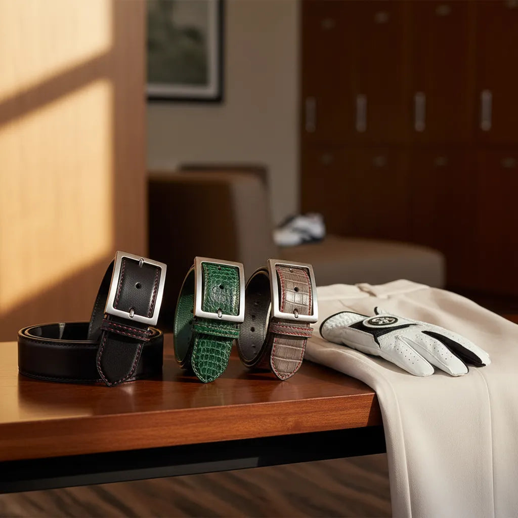 Youth golf belt roundup featuring premium leather belt options for junior golfers in a luxury editorial setting