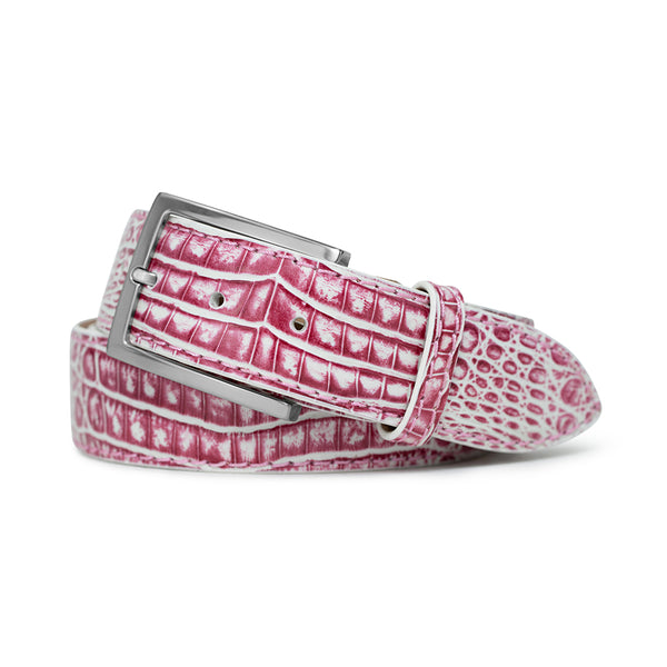 PINK & WHITE HAND-PAINTED ARGENTINE CAIMAN ALLIGATOR BELT | USA