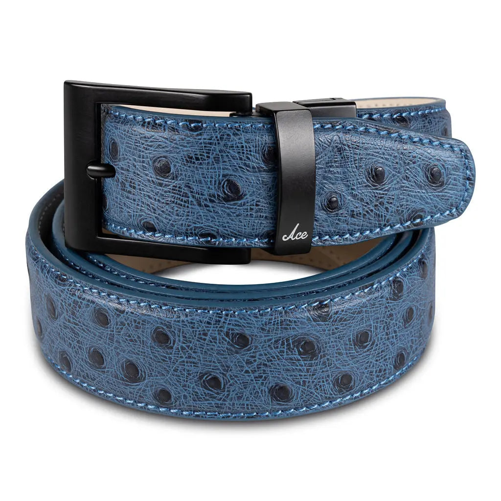 BLUE EMBOSSED OSTRICH BELT Ace of Clubs Golf Co.